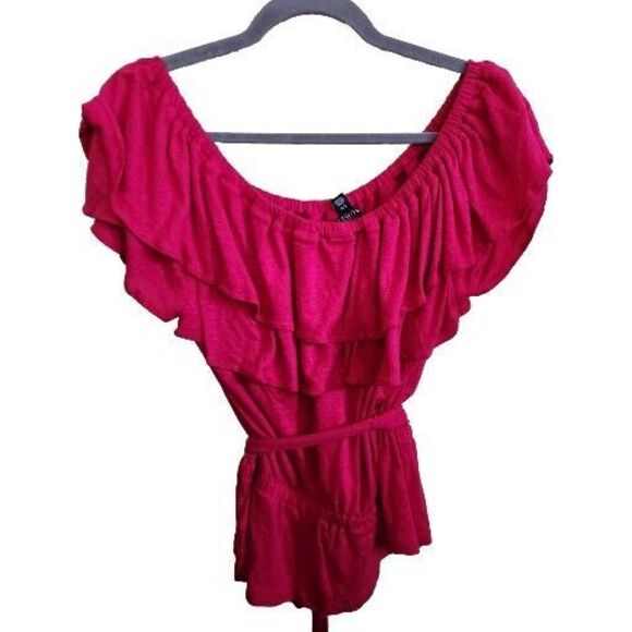 Lauren Ralph Lauren Black Label Linen Short Sleeve Ruffle Top Magenta Pink M NWT - Picture 1 of 10